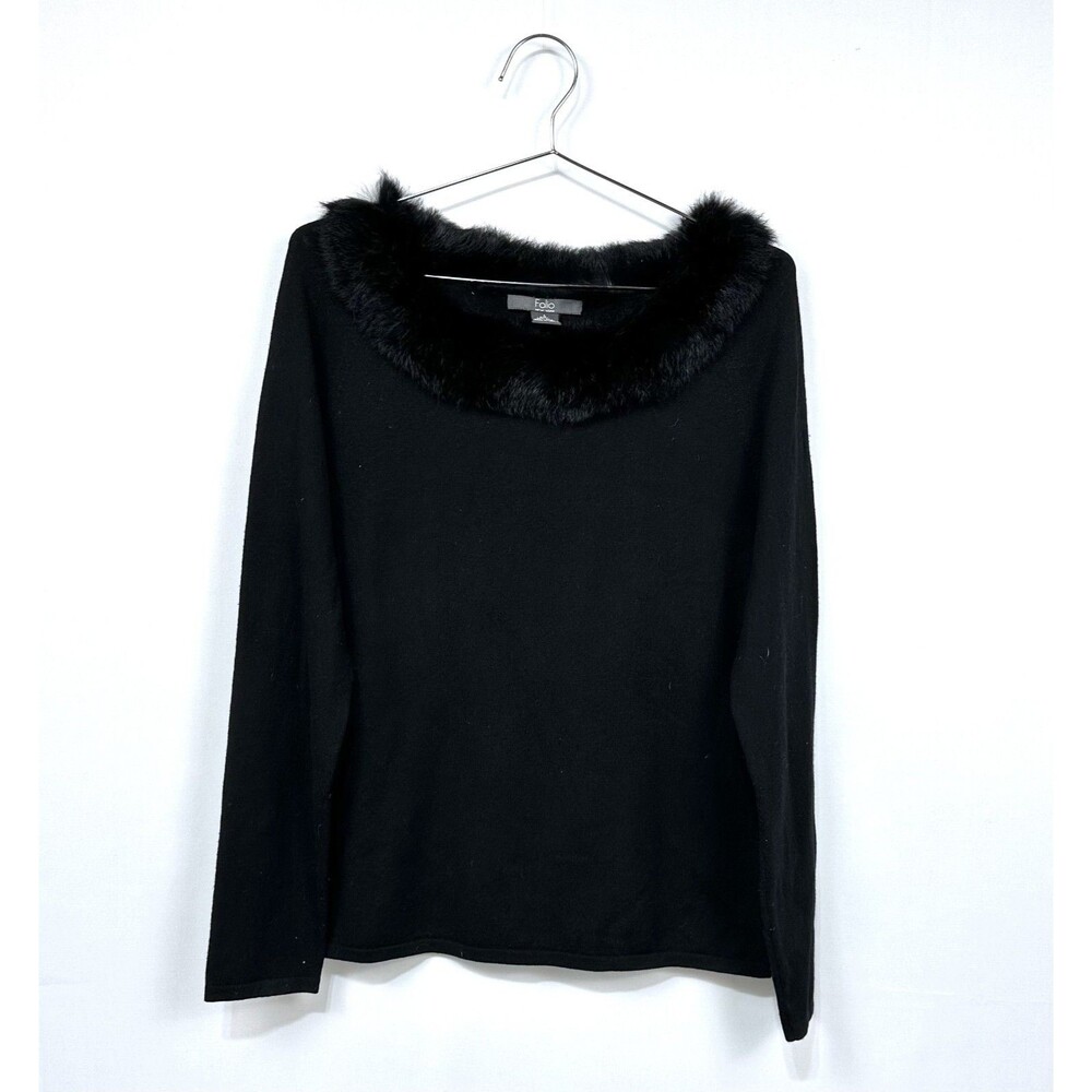 Folio New York Womens Rabbit Fur Trim Crew Neck Sweater Black Silk Size Large